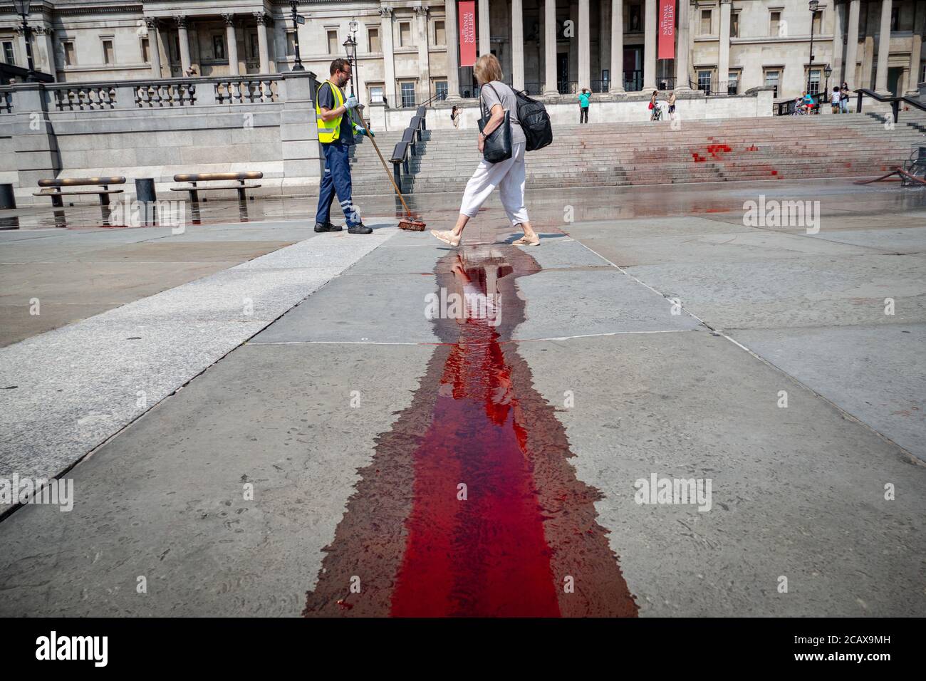 London, United Kingdom, Aug 09 2020: Extinction Rebellion Activists cover of `fake blood the stairs of trafalgar sq for International Day of the World Stock Photo